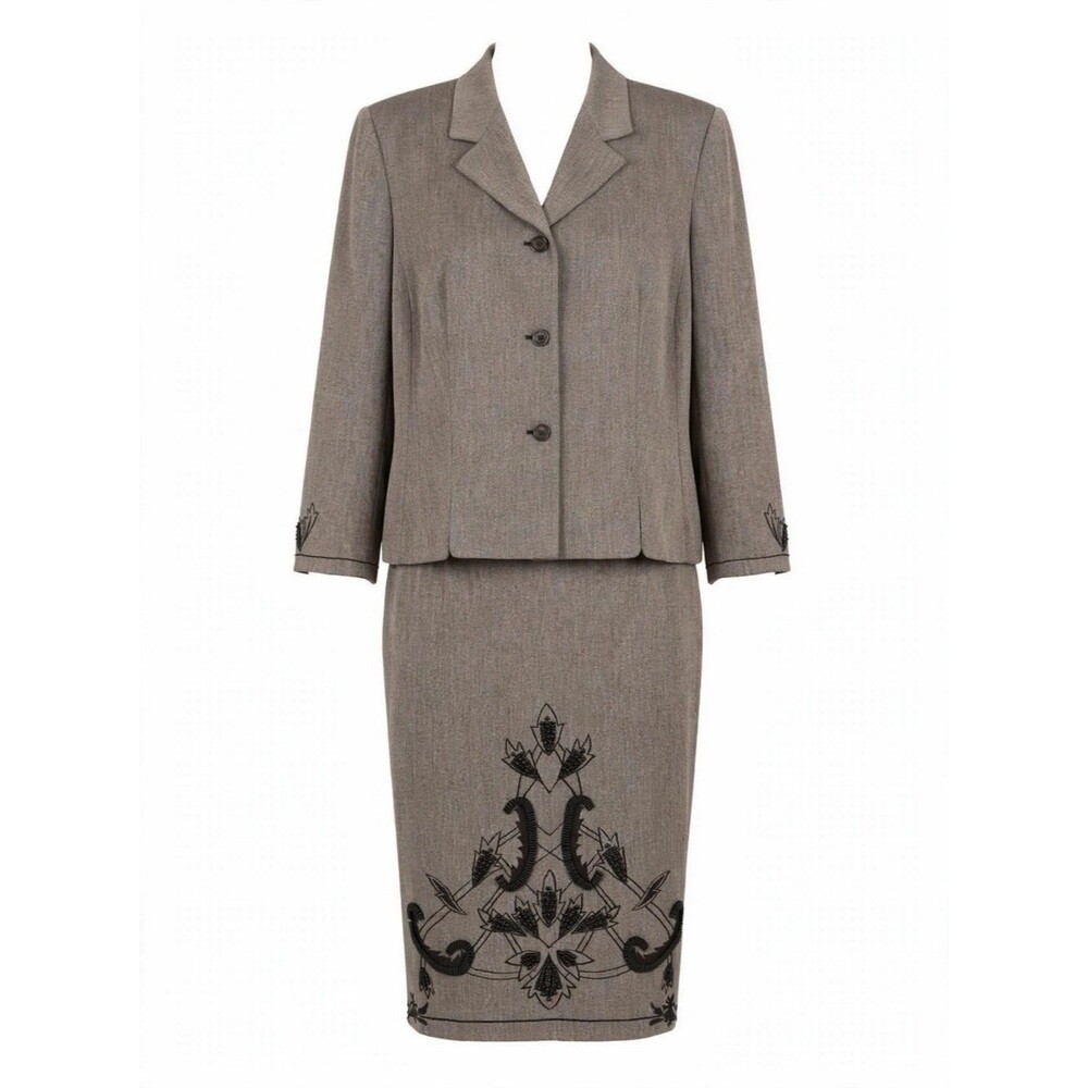 Le Suit 22W Taupe Embroidered Skirt Suit Set Beaded Formal Church